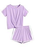 Arshiner Girls Activewear Sets 2Pcs Summer Outfits Twist Front Top Shirts and Shorts Jogger Activewear Tracksuit Clothes Violet 9-10 Y