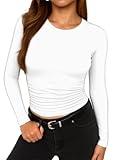 ForeFair Womens Long Sleeve Shirts Ruched Basic Going Out Tops Crew Neck Fall Winter Tee Casual Clothes(XS,White)