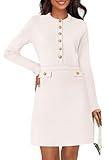 MEROKEETY Women's Long Sleeve Bodycon Sweater Dress Button Crew Neck Elegant Formal Mini Dresses, Ivory, Medium