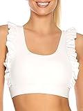RELLECIGA Women's White Ruffle Scoop Neckline Sports Bra Fitness Support Workout Bra Yoga Bra Tops Size Small