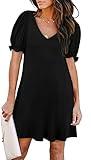 Aloodor Dresses for Women 2025 V Neck Puff Sleeve Tunic Dress Casual Black S