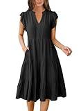 ANRABESS Womens Summer Dress Ruffle Sleeve V Neck Midi Dresses Fashion Casual Fit Flowy Tiered Boho Beach Vacation Sundress Black-M