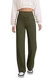 keriffe Women's Straight Leg Pants High Waisted Button Stretchy Business Work Casual Trousers Multiple Pockets Army Green