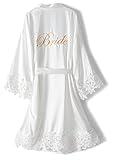 UrHot Women's Bride Bridesmaid Robe with Lace Trim Wedding Party Kimono Robes Soft Satin Bathrobe Getting Ready White