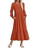 ZESICA Women's 2024 Fall Long Sleeve Dress Crewneck Casual Loose Pleated Tiered Swing Midi Dresses with Pockets,Rust,Medium