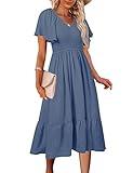 MEROKEETY Women's Summer Flutter Short Sleeve Smocked Midi Dress Flowy Tiered A Line Beach Dress, GrayBlue, XL