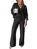 ANRABESS Women 2 Piece Outfits Sweater Lounge Sets Long Sleeve Cable Knit Pullover and Wide Leg Pants Tracksuit Matching Set Black X-Large