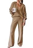 Viottiset Women's 2 Piece Outfits Casual V Neck Knit Wide Leg Sweater Lounge Set Sweatsuit Khaki Medium