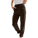 Corduroy Pants Women High Waisted Elastic Trendy Wide Leg Trousers Pants Casual Drawstring Loose Pants 2024 Fall Sales Clearance Today Deals Prime Brown S