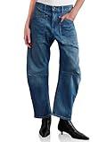 PLNOTME Womens Baggy Barrel Horseshoe Jeans High Waisted Wide Leg Vintage Denim Pants with Front Pockets Wash Blue