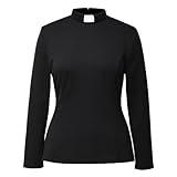 Womens Church Clergy Shirt Spring/Autumn Long Sleeve Slim Blouse with Tab Collar Black