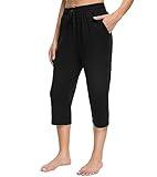 OLIKEME Womens Capri Pants Sweatpants Lounge Yoga Pants Wide Leg Yoga Pants with Pockets Drawstring Joggers for Women Running Gym Short Pants (Black-L)
