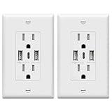 TOPGREENER USB Outlet, 3-Port Type C 3.6A 18W Wall Outlet, 15 Amp Receptacle, Charging Power Outlet with USB Ports, Compatible with iPhone 16 Series & More, UL Listed, TU21536AC3-2PCS, White, 2 Pack