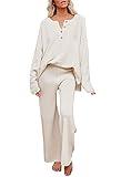 Pink Queen Women's 2 Piece Knit Sweatsuit Button Knit Pullover Sweater Top and Long Pants Sweatsuit Pajama Set Beige M