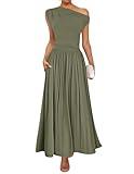 ZESICA Women's Summer 2025 Sleeveless Maxi Dress One Shoulder Casual Slim Swing Pleated Formal Dresses with Pockets,ArmyGreen,X-Large