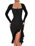 BORIFLORS Women's Sexy Ruched Bodycon Midi Dresses Elegant Mesh Long Sleeve Square Neck Ruffle Hem Cocktail Party Dress, Small, Black