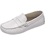 rismart Boys Girls Loafer Flats Slip-On Comfort School Casual Dress Shoes White, 4 Big Kid