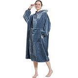 Aemilas Long Wearable Blanket Hoodie - Cozy Warm Blanket Sweatshirt as Gifts for Men Women, Thick Flannel Hooded Blanket With Giant Pocket(Denim Blue)