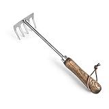 Garden Hand Rake Tool for Weeding, Planting & Soil Prep, Stainless Steel Blade with Wooden Handle