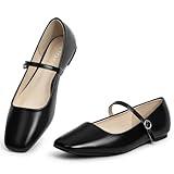 MUSSHOE Womens Ballet Mary Jane Flats Shoes Adjustable Strap Comfortable Square Closed Toe Versatile Chic Footwear with Latex Insole Black Size 6