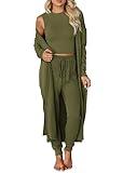 KIRUNDO 3 Piece Lounge Sets for Women Airplane Travel Outfits 2025 Fall Cardigan Sleeveless Top Pants Sets Matching Clothing(Army Green, Large)