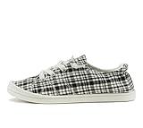 Soda Flat Women Shoes Linen Canvas Slip On Sneakers Lace Up Style Loafers Zig-S (8.5, Black/White Plaid, Numeric_8_Point_5)