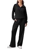 PINSPARK 2 Piece Sets for Women High Waist Sweatsuit Zip Up Sweatshirt Sweatpants Lounge Set Tracksuit Travel Outfits, Black Petite XL