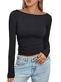 Trendy Queen Women's Boat Neck Tops Long Sleeve Shirts Casual Fitted Tee Shirts Solid Color Fall Basic Clothes Black S