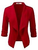 DOUBLJU Women's Casual Work Ruched 3/4 Sleeve Open Front Blazer Jacket with Plus Size Red