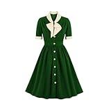 Vintage Women 1940s Bow Tie Neck Dress Retro 40s 50s Button Up Business Work A-line Cocktail Dresses Green XL