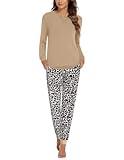 Ekouaer Women's Two Piece Pajamas Set Long Sleeve Tops and Pants Casual Nightwear PJ Sets with Pockets Medium Khaki leopard