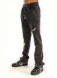 SCREENSHOT-P11456 Mens Upgraded Premium Streetwear Stacked Fit Washed Fleece Pants - Urban Vintage Embroidery Patch Bottoms-Washed Black-2XLarge