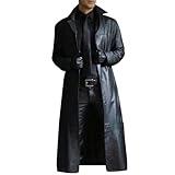 Wankang Mens Leather Trench Coat Full Length Classic Black Faux Leather Long Coat Steampunk Military Officer Uniform Overcoat