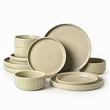 FOBENTA Plates and Bowls Sets,Dylan Porcelain Dinnerware Sets for 4,Round Ceramic Dinnerware Sets,12 Piece Scratch Resistance Dishes,Microwave & Dishware Safe Stoneware Kitchen Green Dishes