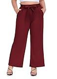 ZERDOCEAN Women's Plus Size Wide Leg Pants High Waisted Self-tie Belted Lounge Pants Trousers with Pockets Wine Red 5X