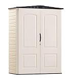 Rubbermaid Small Vertical Resin Outdoor Storage Shed With Floor (2.3 x 4.6 Ft), Weather Resistant, Beige/Brown, Organization for Home/Backyard/Pool Chemicals/Toys/Garden Tools/Porch/Patio Cushions