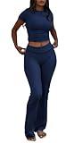 AYWA Women's 2 Piece Lounge Sets Short Sleeve Crop Top Foldover Flare Pants Casual Pajama Outfits (Navy, Medium)