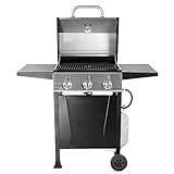 Grill Boss Outdoor Barbeque 3 Burner Propane Gas Grill for Barbecue Cooking with Top Cover Lid, Wheels, and Side Storage Shelves, Black