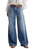 Flamingals Wide Leg Jeans for Women Trouser Jeans Wash Stitch Decor Baggy Jeans Without Belt Mid Blue L