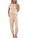 Ekouaer Pajamas for Women 2 Piece Lounge Sets Cap Sleeve Loungewear Top with Joggers Pants S-XXL Beige