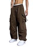 ZAFUL Flat Pocket Parachute Pants for Men Causal Baggy Cargo Pants Unisex Street Y2K Pants Drawstring Trousers Deep Coffee M