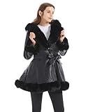 GRAN ORIENTE Faux Leather Jacket for Women with Faux Fur Collar Long Sleeve Furry Parka Outerwear with Hood Warm Lined Winter Coat with Belt (GK024 Black L)