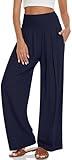 UEU Women's Linen Palazzo Pants Wide Leg High Waisted Lounge Boho Casual Loose Beach Pants with Pockets Navy