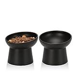 YauYik Ceramic Raised Cat Bowls, Elevated Tilted Cat Food and Water Bowls Set, Stress Free Pet Feeding Dish for Indoor Cats and Small Dogs, Anti Vomiting, Black, 2 Pack