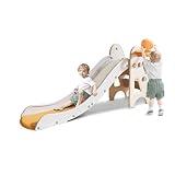 Toddler Slide,Kids Slide,Freestanding Slides for Age 1+ Outdoor or Indoor Play with Basketball Hoop,Extra Long Slipping Slope,Easy to Store, Safe Toy for Toddler,Kids (White Yellow, Geometric)