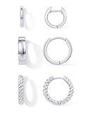 PAVOI Rhodium Plated Sterling Silver Posts 4 Pairs Small Hoop Earrings Set | Plain Rope Wide Huggie Hoop Pack Earscape for Women 15mm 14mm 12mm