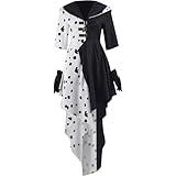 AYJK7 Halloween Costume Cruela Devile Dress Cloak Skirt with Gloves Black and White for Women Movie TV Character Cosplay