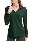 FKEEP Women's Tennis Golf Shirt Long Sleeved Top Sport Activewear V-Neck Workout Athletic (Forest Green, L)