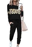 PRETTYGARDEN Women's Color Block 2 Piece Tracksuit Crewneck Long Sleeve Tops Long Sweatpants Outfits Lounge Sets (Leopard Black,Medium)