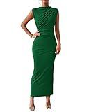 BTFBM Women's Ruched Bodycon Dress Summer Casual Sleeveless Back Slit Elegant Club Evening Party Cocktail Maxi Dresses(Solid Bright Green, Small)